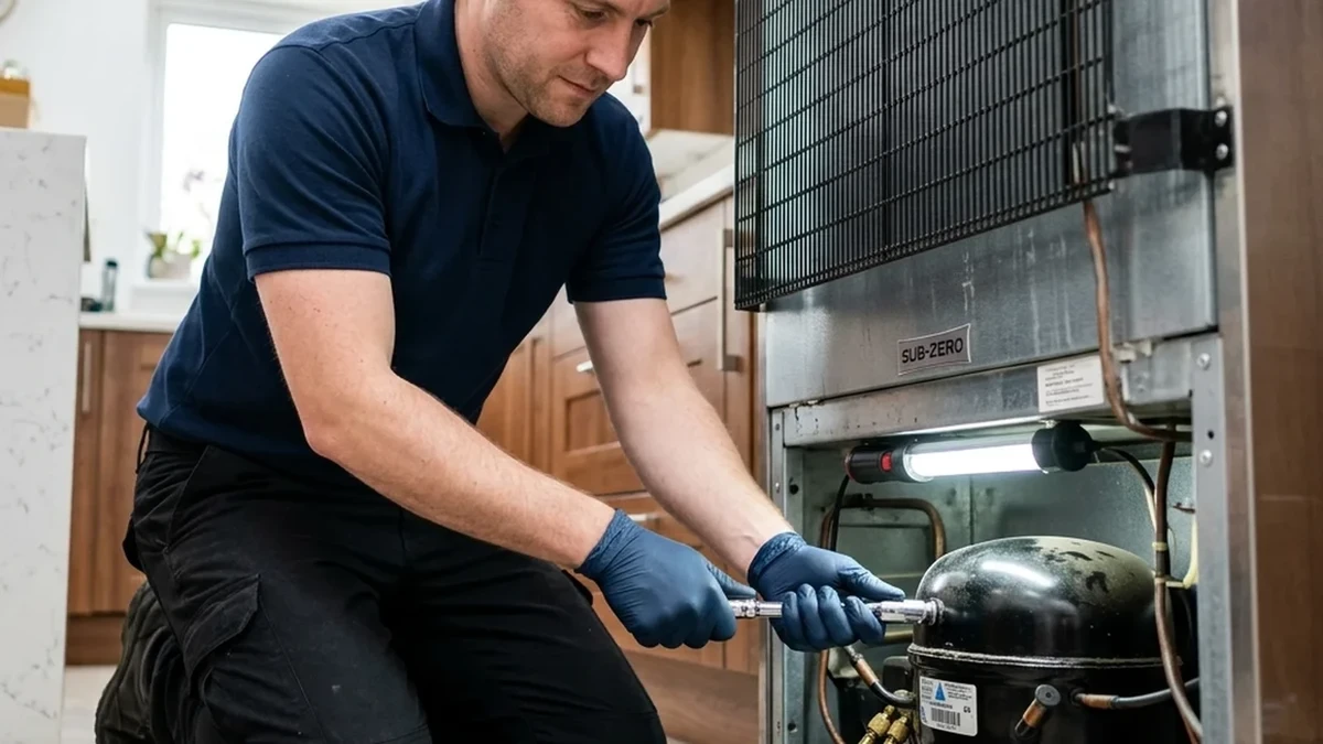 Sub Zero technician servicing built-in refrigerator in DC Ranch