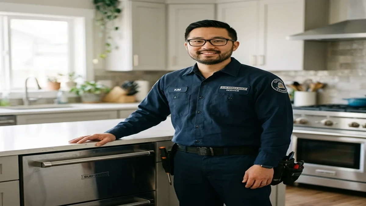 Sub Zero technician servicing refrigerator in Pinnacle Peak estate