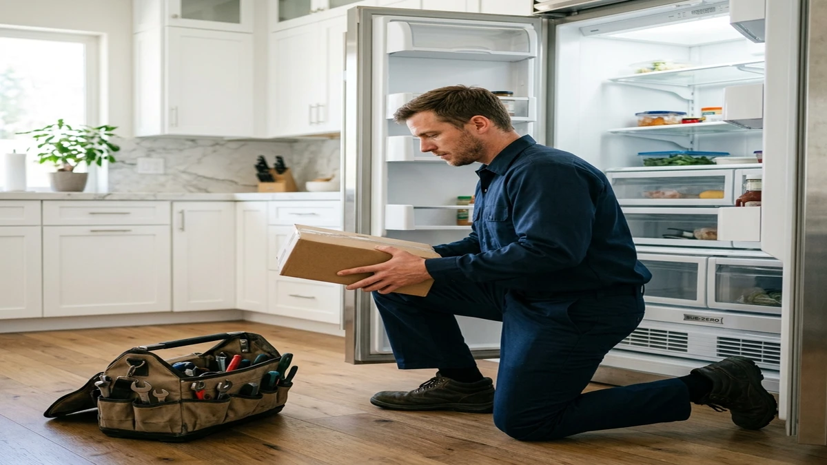 Factory-trained Sub Zero technician performing certified repair in a Scottsdale luxury home kitchen
