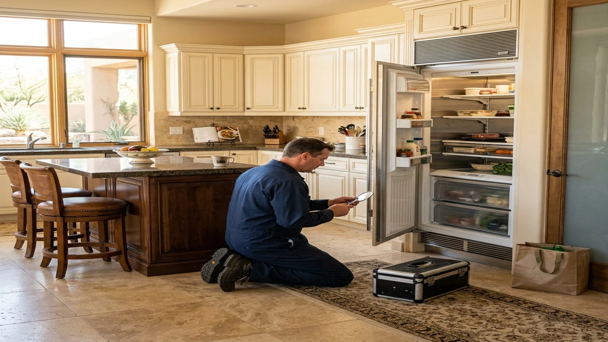 Sub Zero refrigerator repair technician working in a Scottsdale kitchen