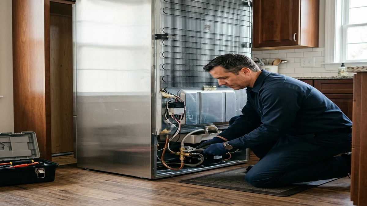 Sub Zero ice maker being repaired by a certified technician in a Scottsdale kitchen